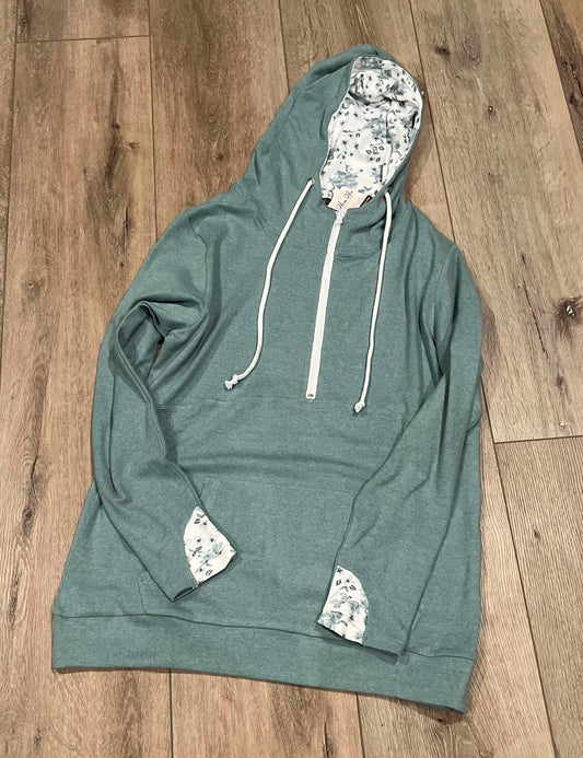 Sage Half-Zip with Floral Hood Accent