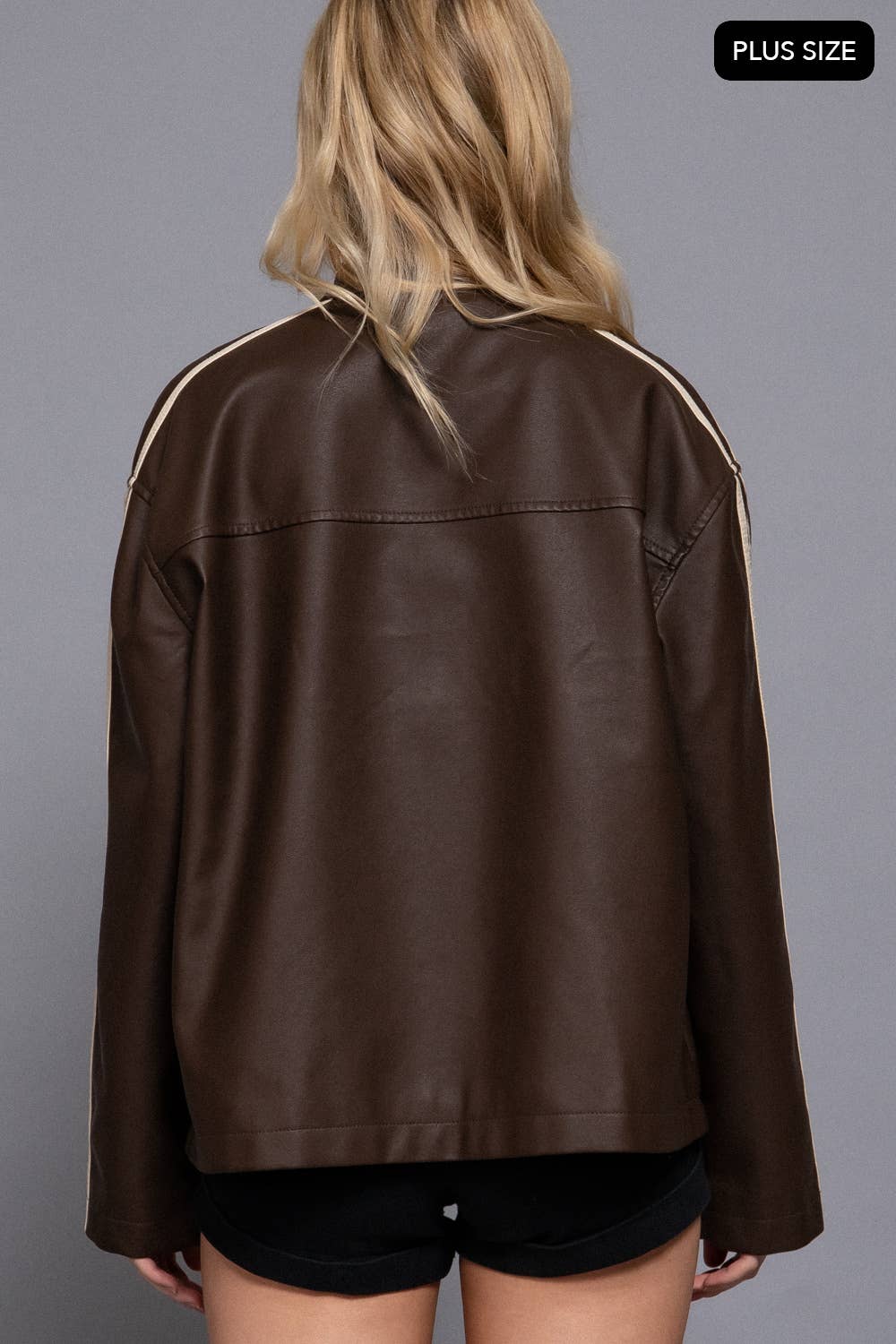 Line Detail Washed Effect Faux Leather Jacket (PLUS)