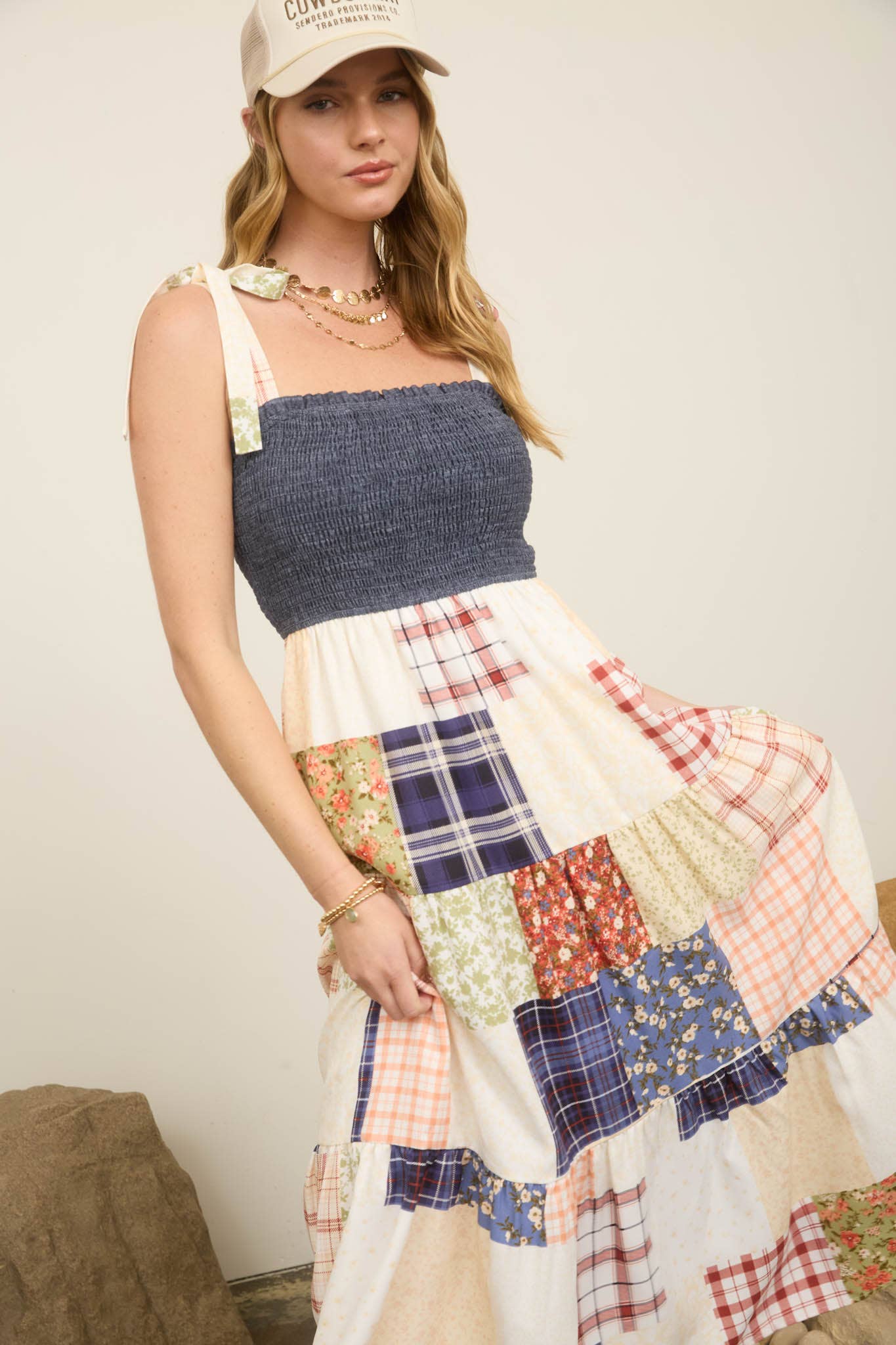 Smocked Denim Patchwork Tiered Maxi Dress