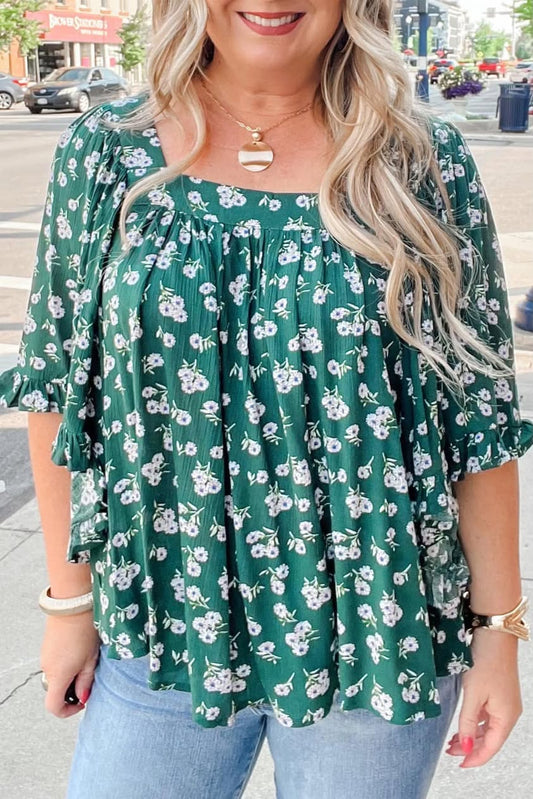 Green Floral Tie-Back Blouse (PLUS)
