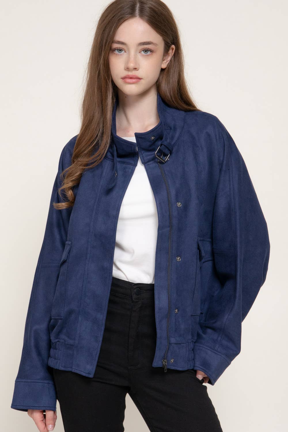 High Neck with Tab Front Patch Pocket Faux Suede Jacket