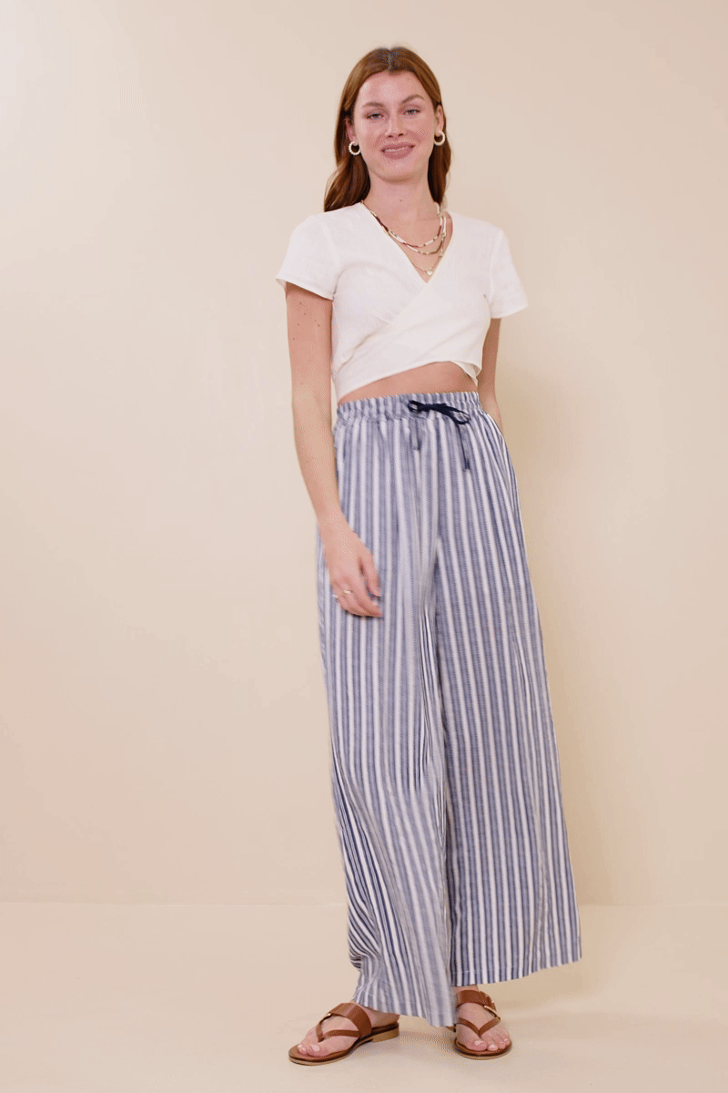 Navy Textured Stripe Drawstring Wide Leg Pants