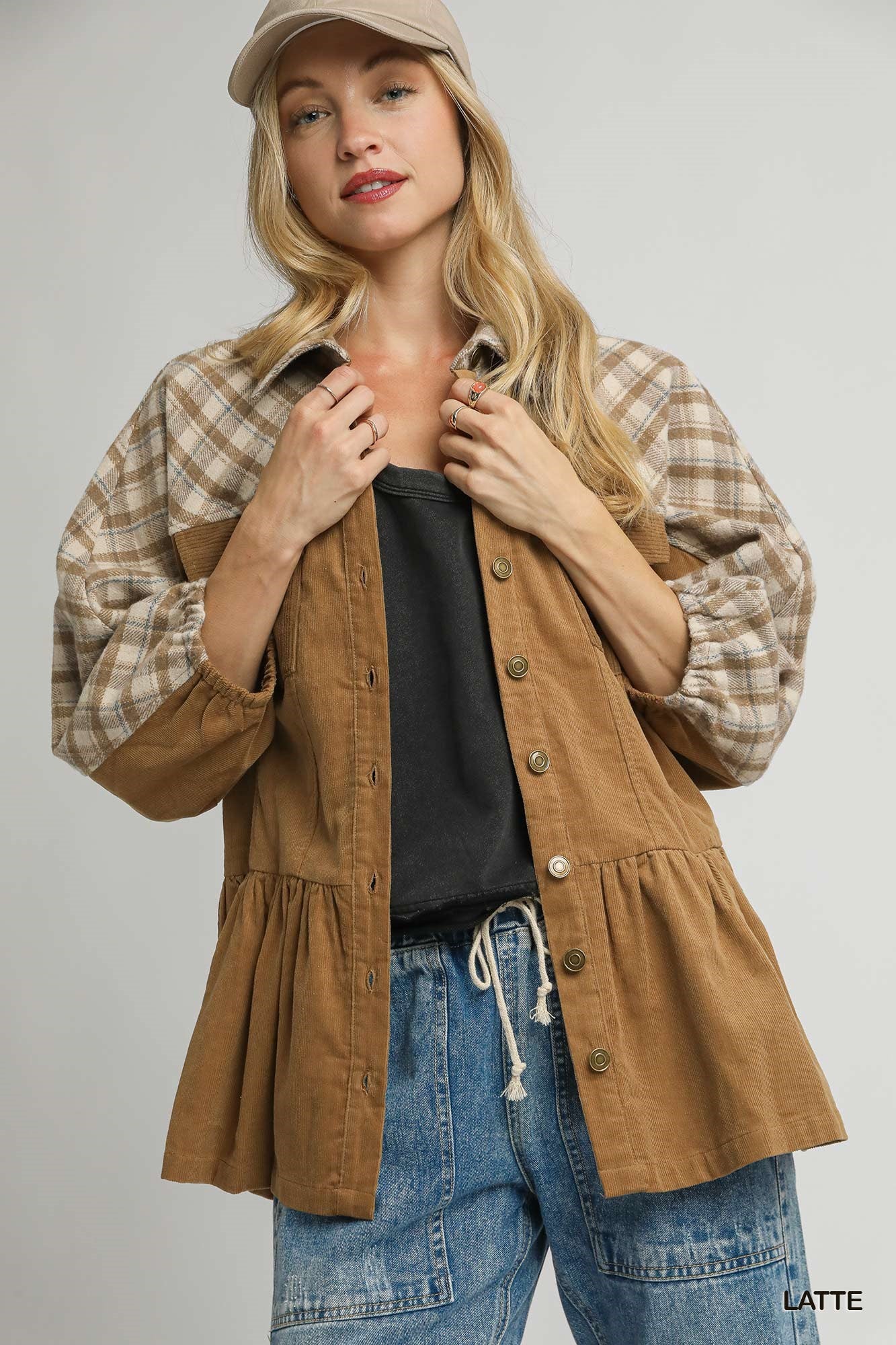Plaid Contrast Corduroy Button Down Shacket