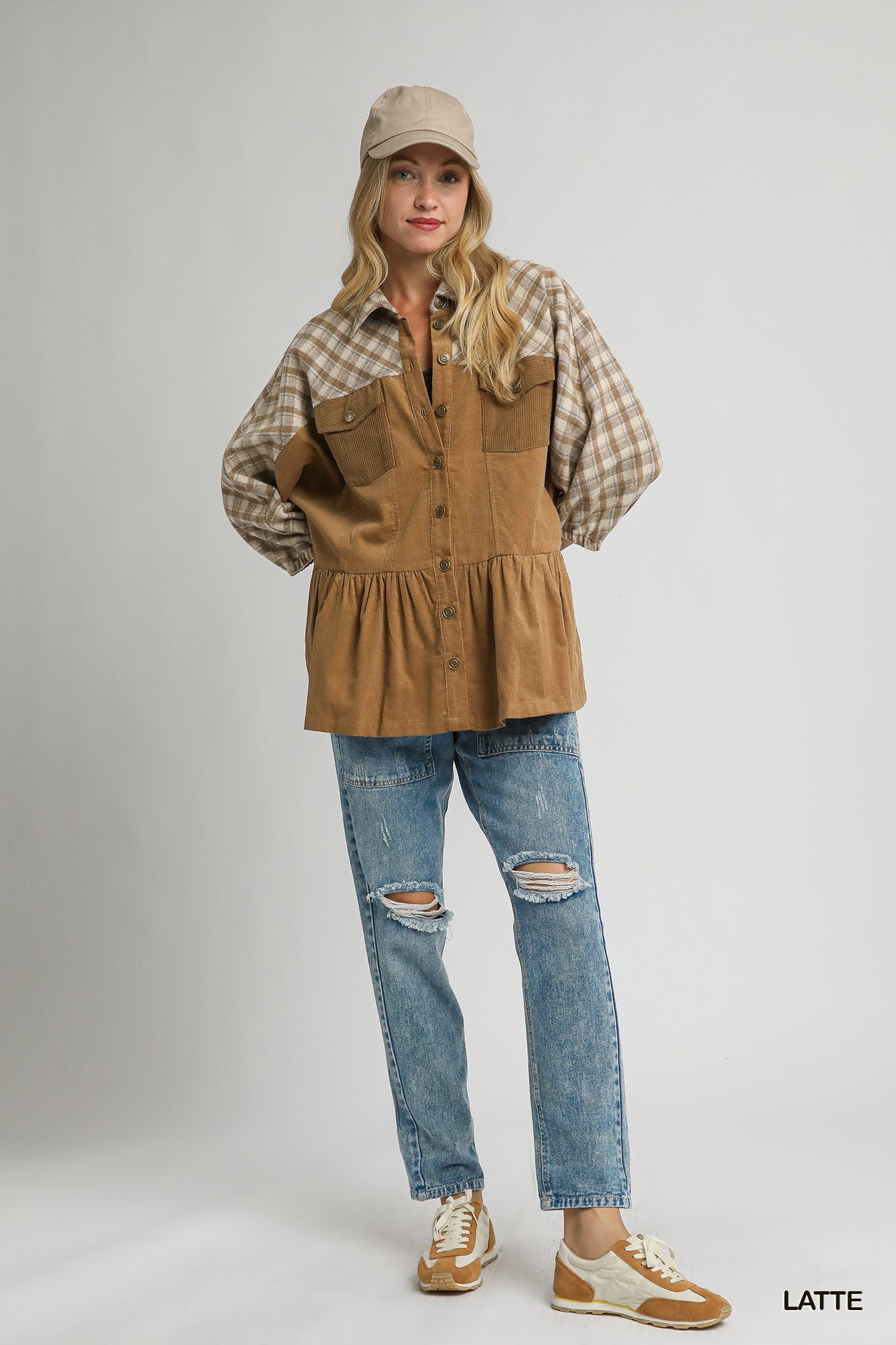 Plaid Contrast Corduroy Button Down Shacket