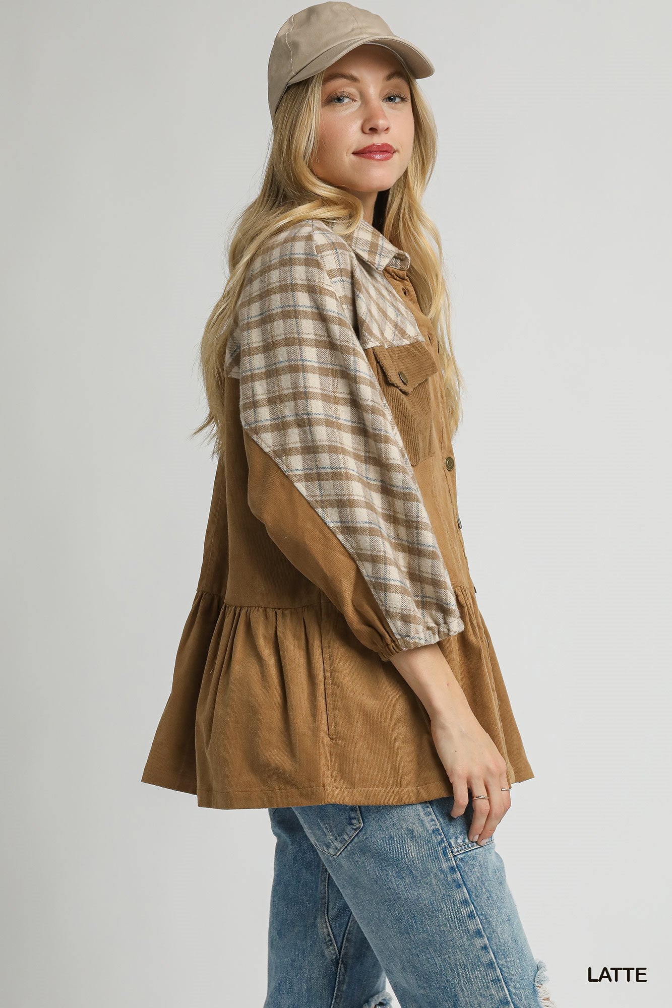 Plaid Contrast Corduroy Button Down Shacket
