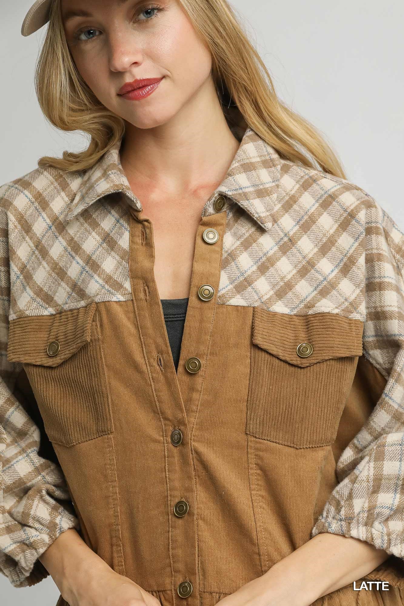 Plaid Contrast Corduroy Button Down Shacket