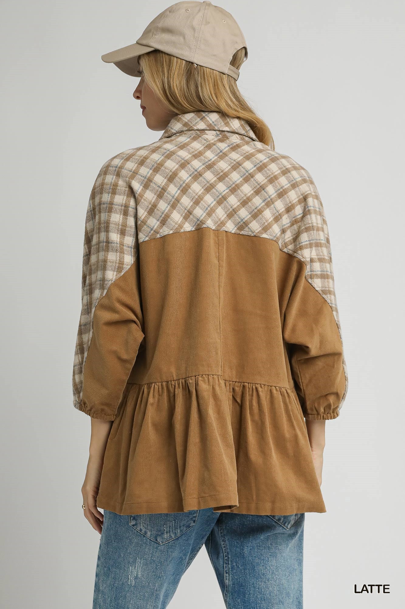 Plaid Contrast Corduroy Button Down Shacket