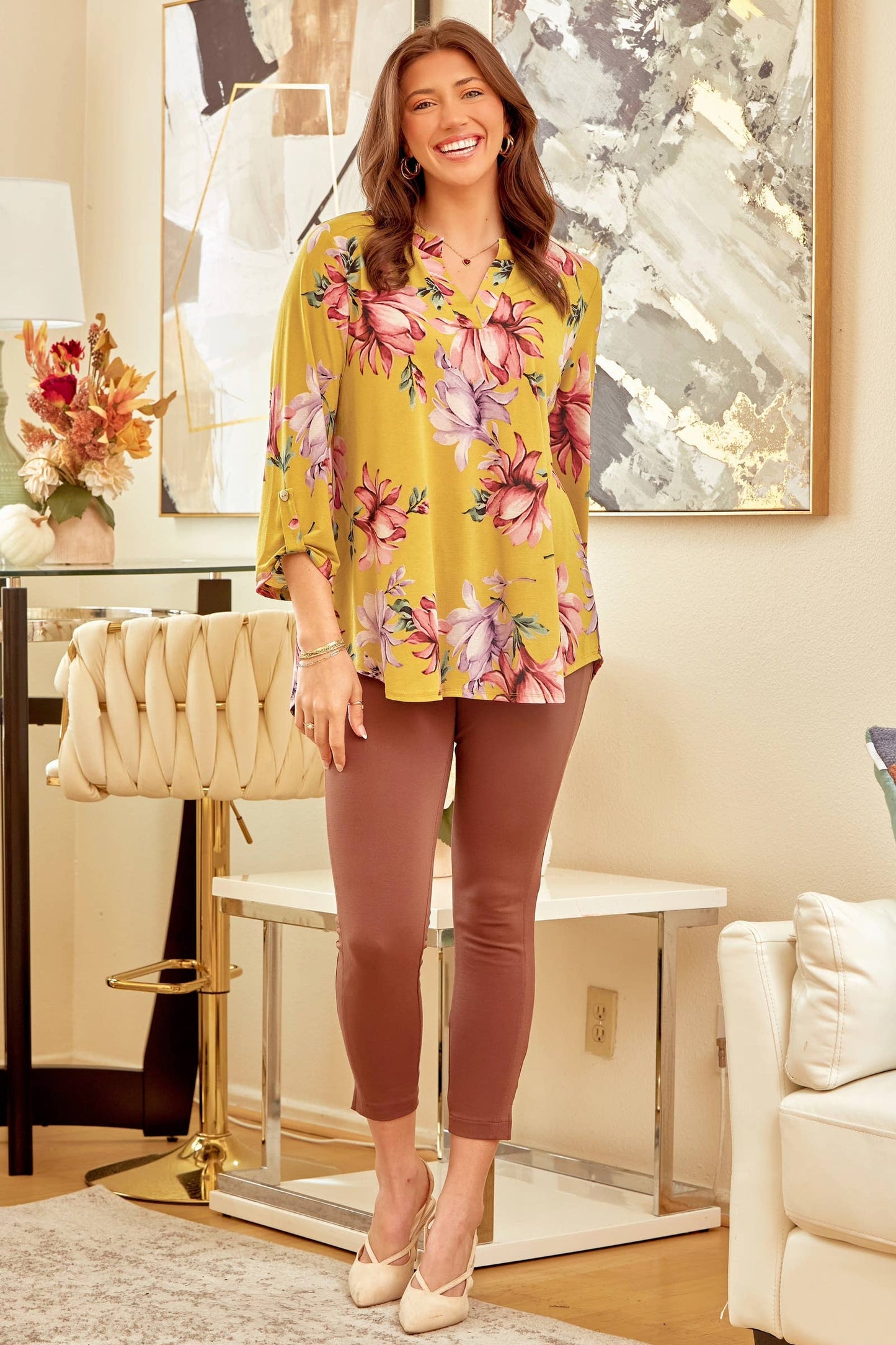 Wrinkle Free Floral Print Top Lizzy: MARIGOLD