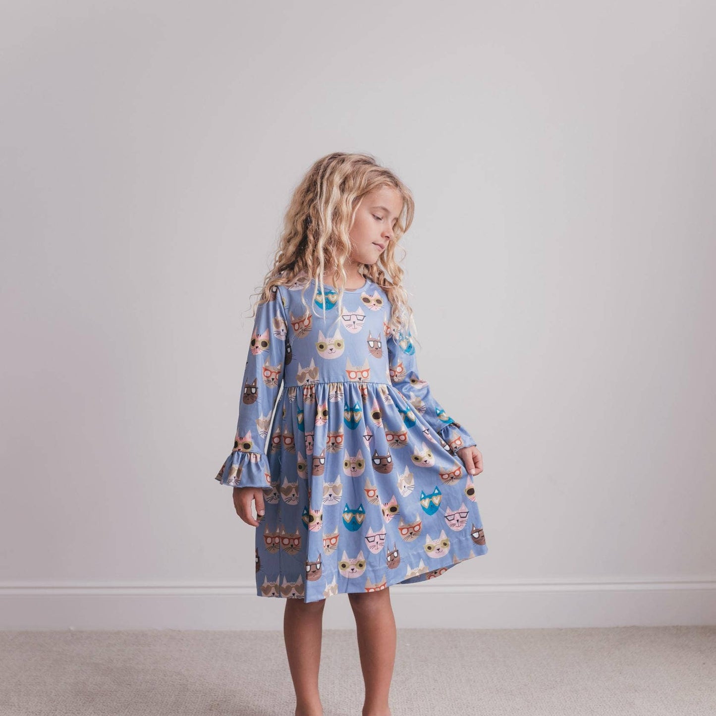 Kids Claire Periwinkle Cool Cat Print Twirl Fall Dress