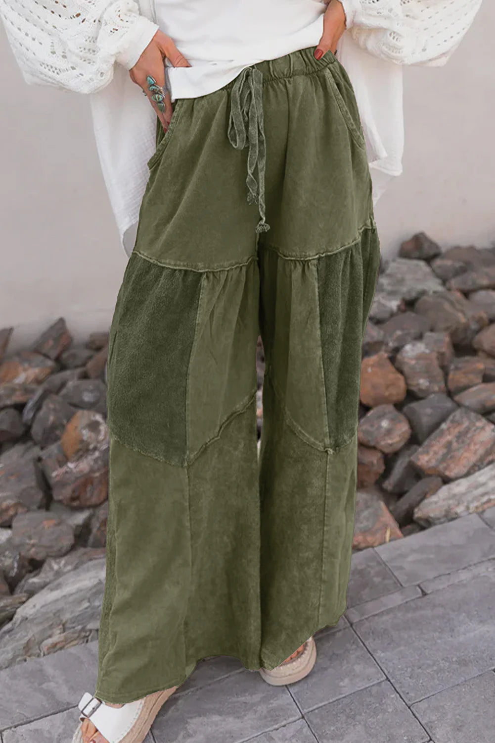 Olive Green Drawstring Mineral Wash Vintage Pants