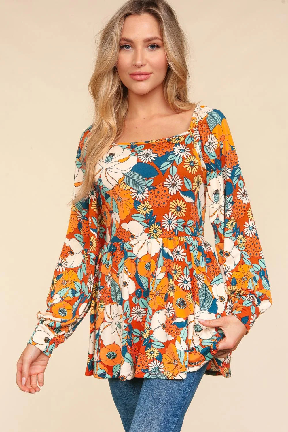 Rust Babydoll Peplum Vintage Floral Top