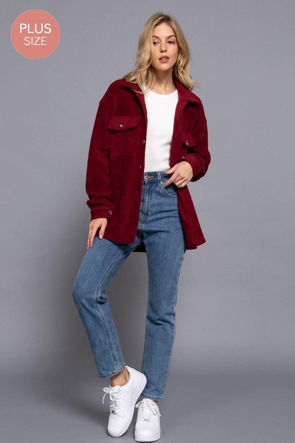 Wine Notched Collar Front Pocket Fleece Jacket (Plus)