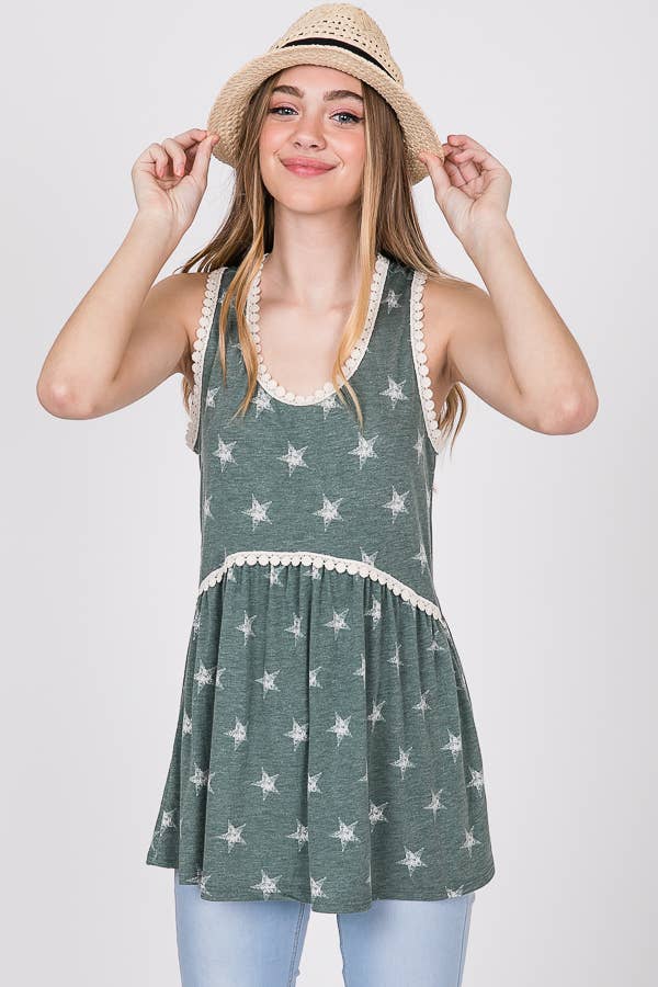 Star Print Lace Trim Babydoll Tank