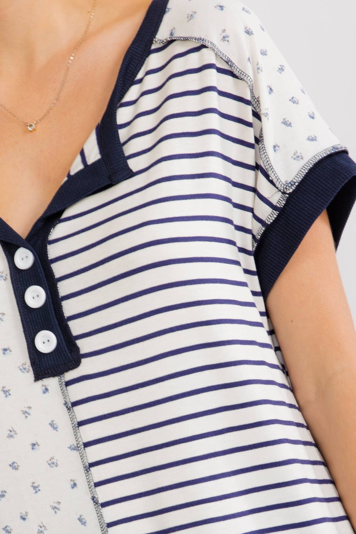 Mixed Print Contrast Henley Top