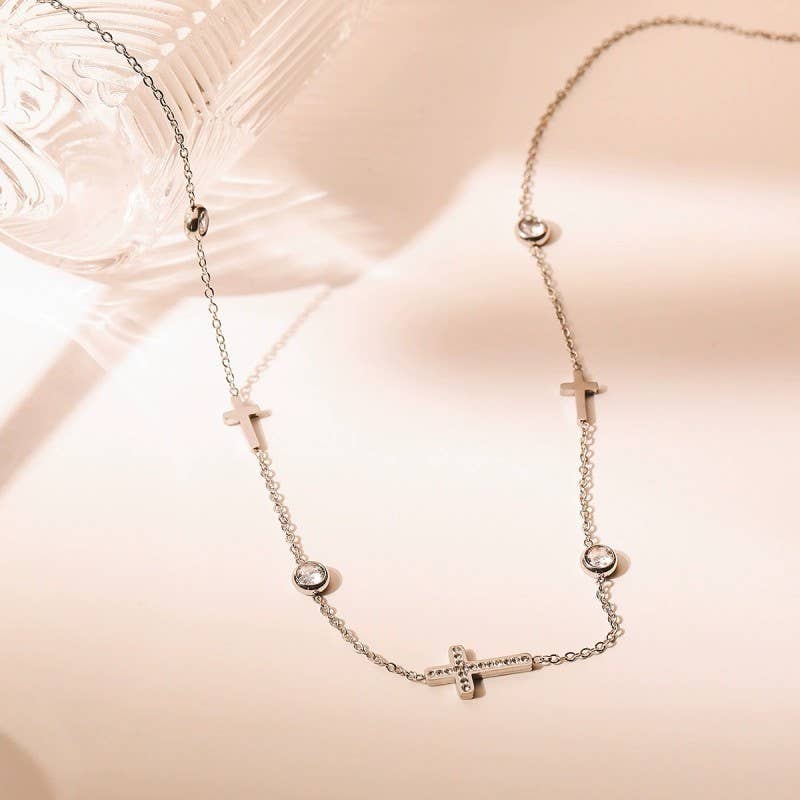 Rhinestone Cross and Circular Charm Station Necklace