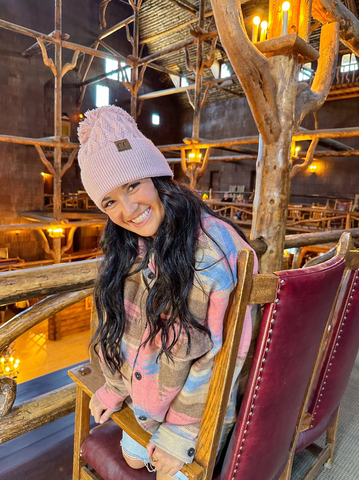 Metallic Rose Lurex Cable Knit Pom C.C Beanie