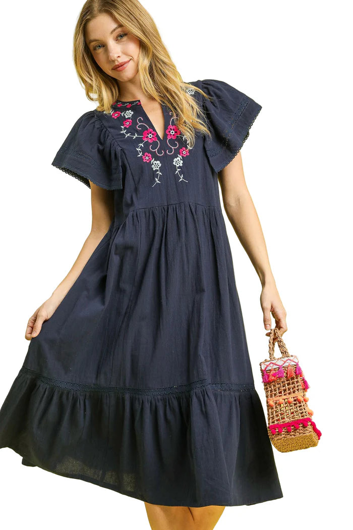 Navy Floral Embroidered Flutter Sleeve Midi Dress