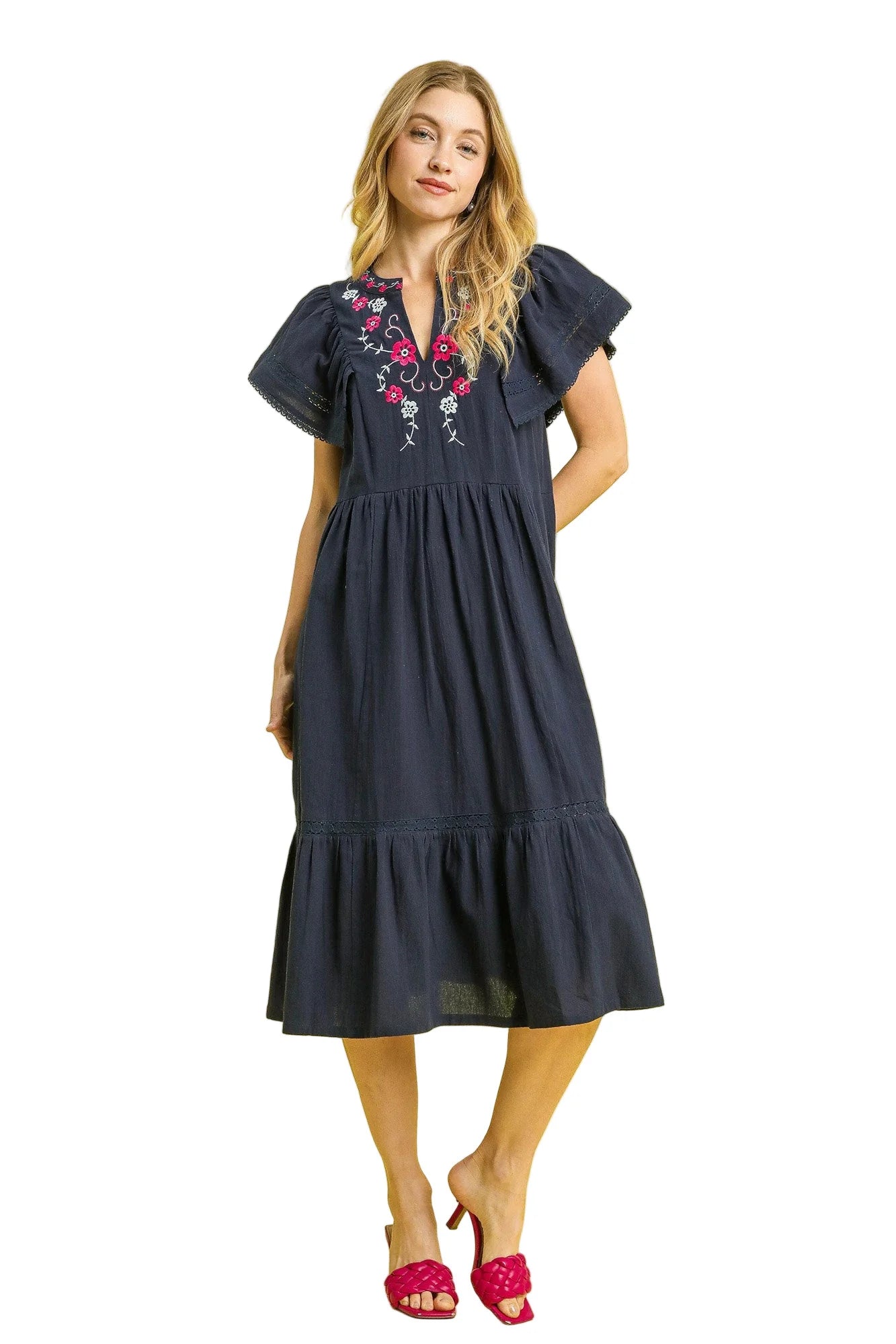 Navy Floral Embroidered Flutter Sleeve Midi Dress