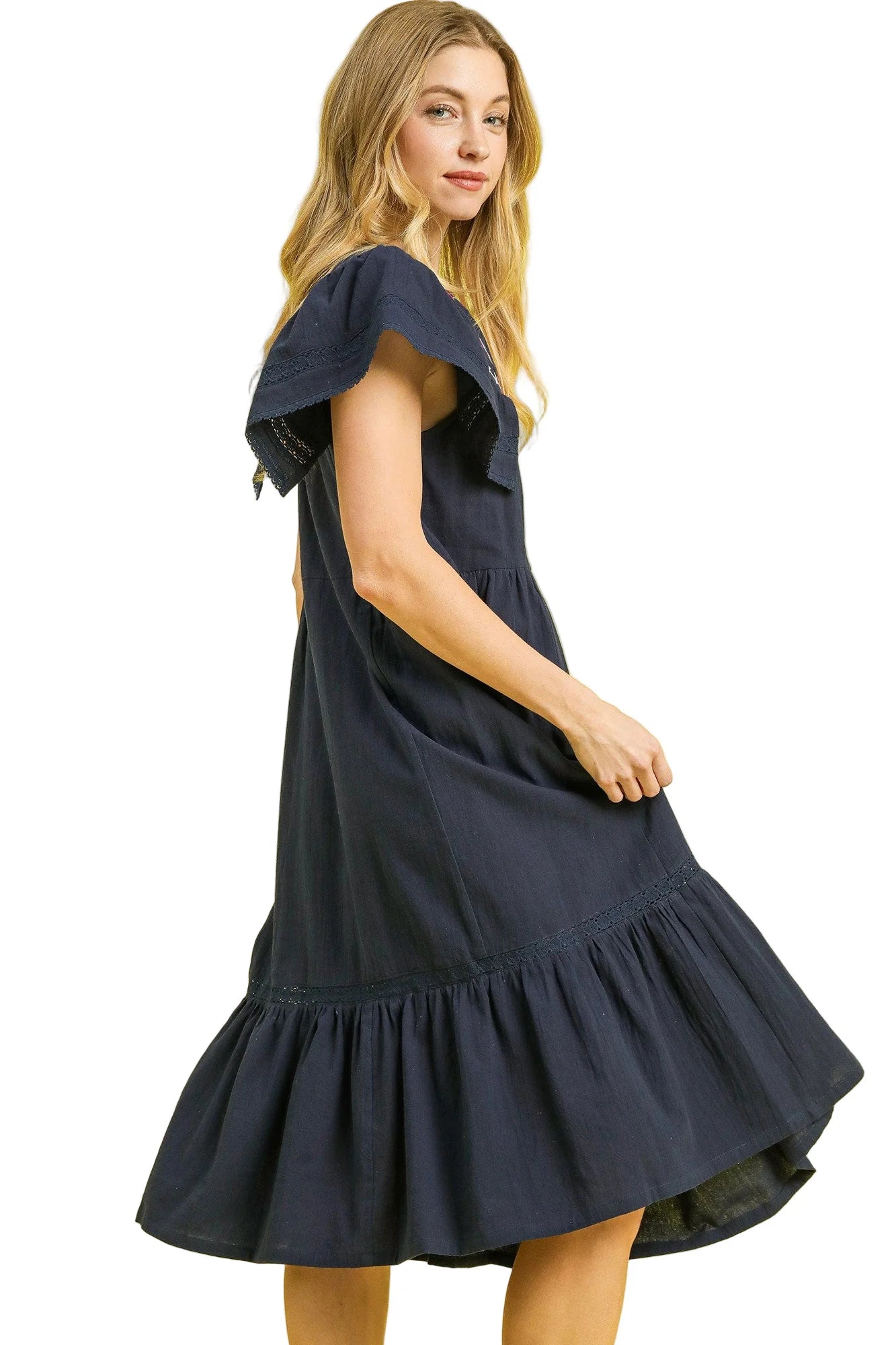 Navy Floral Embroidered Flutter Sleeve Midi Dress