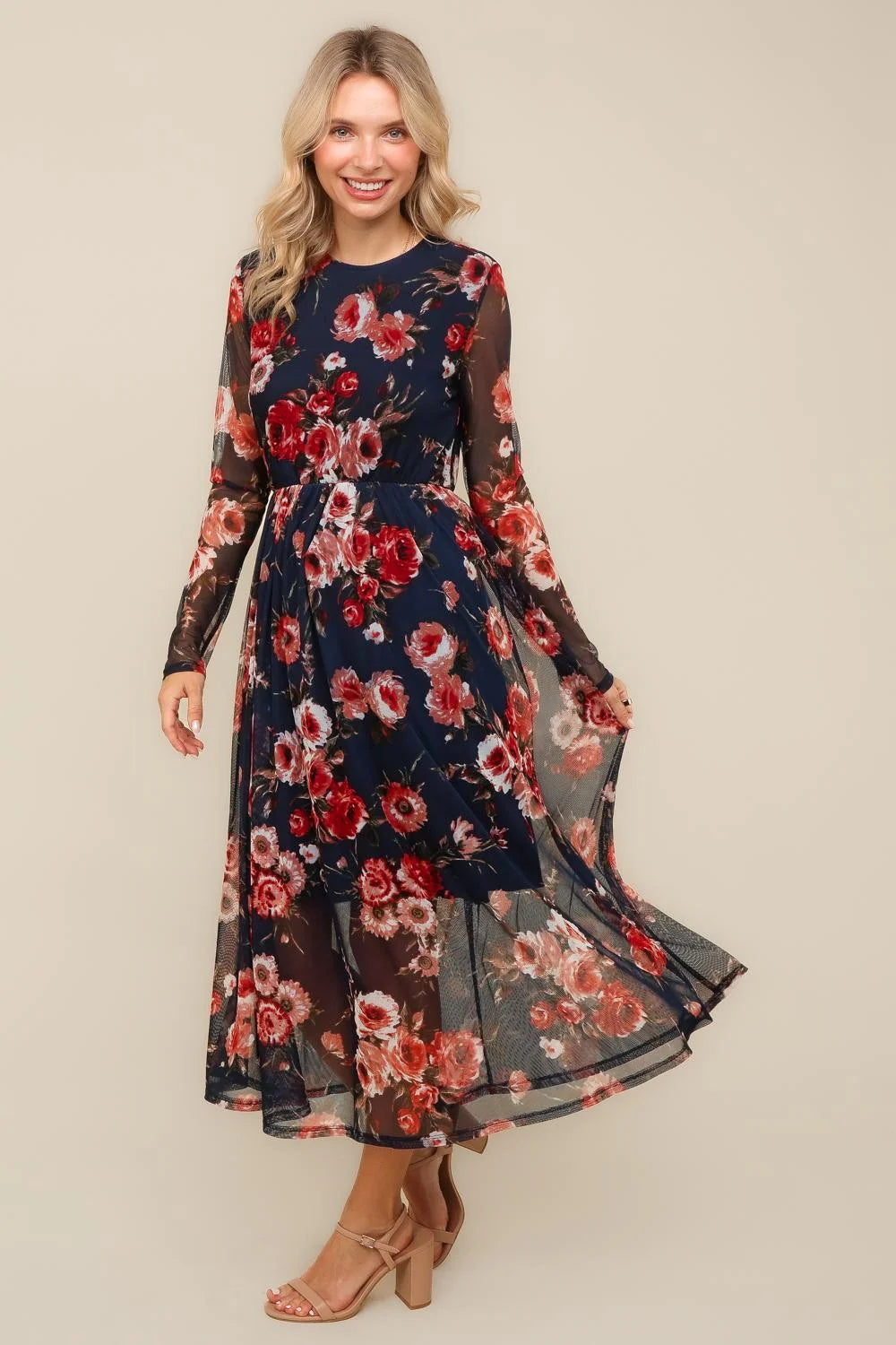 Navy Floral Midi Dress with Back Neck Button