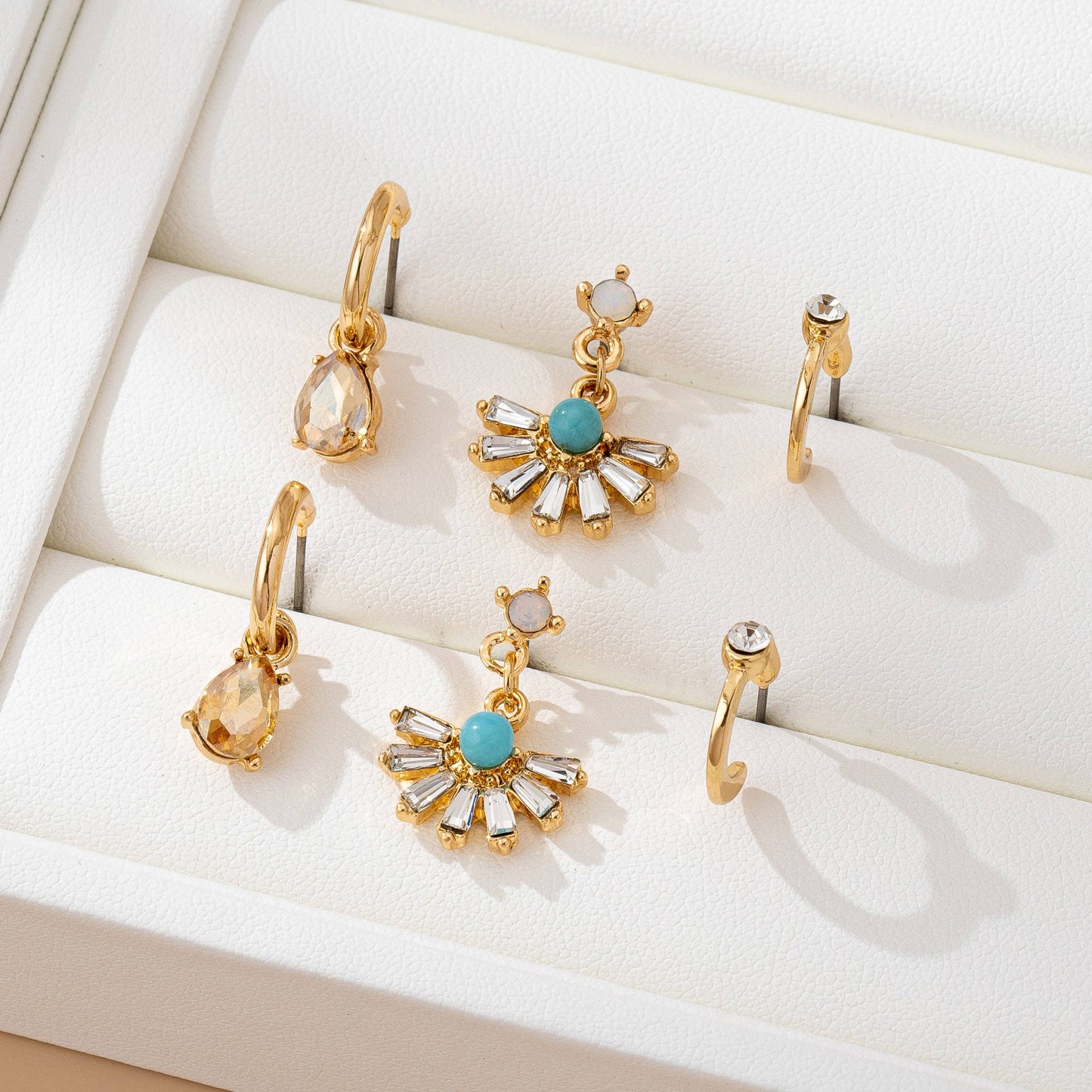 Turquoise Rhinestone Charm Hoop Trio Earring Set