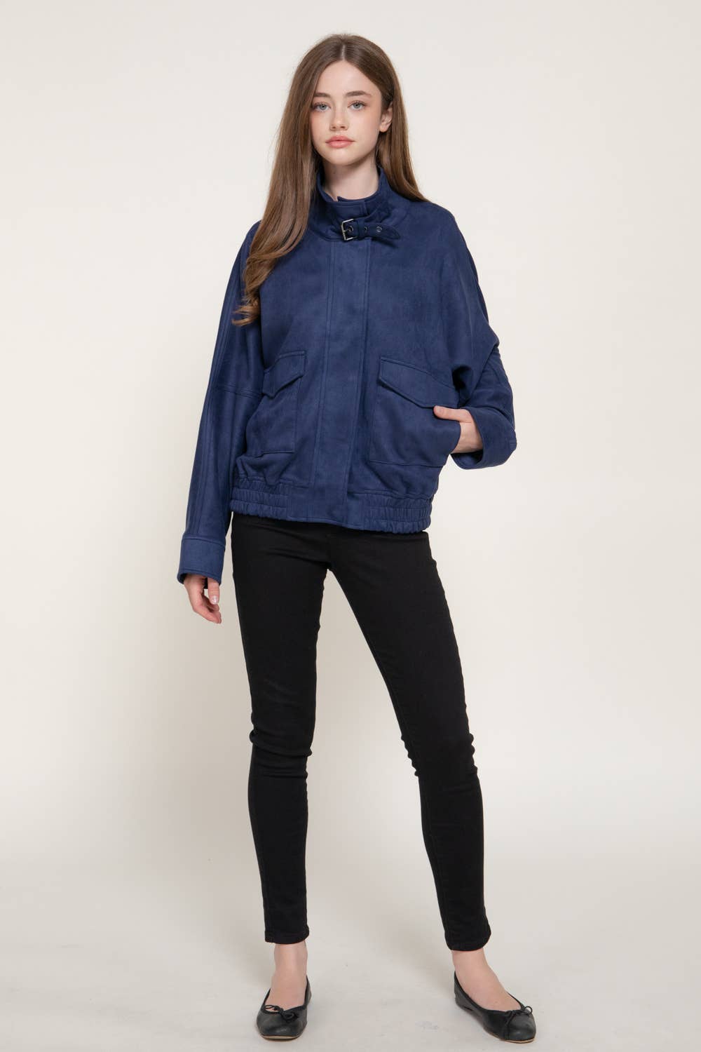 High Neck with Tab Front Patch Pocket Faux Suede Jacket