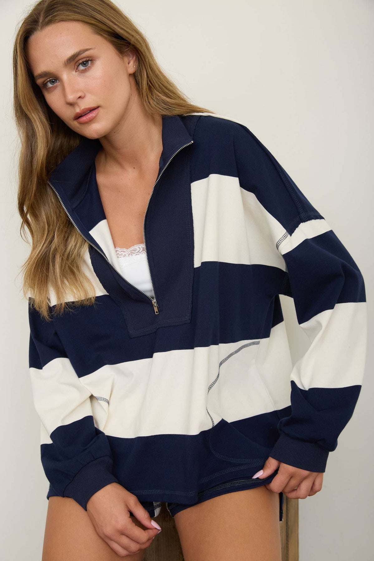 Navy Wide Stripe Half Zip Top