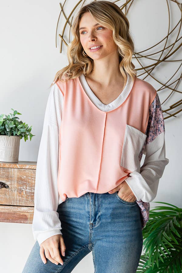 Floral Patchwork Panel Front Pocket V Neck Pullover Top