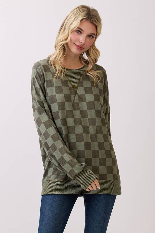 Olive Checkered Print Pullover Top