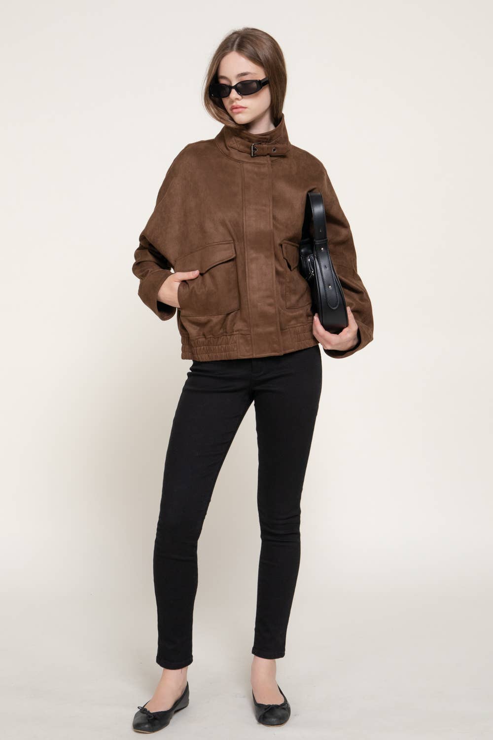 High Neck with Tab Front Patch Pocket Faux Suede Jacket