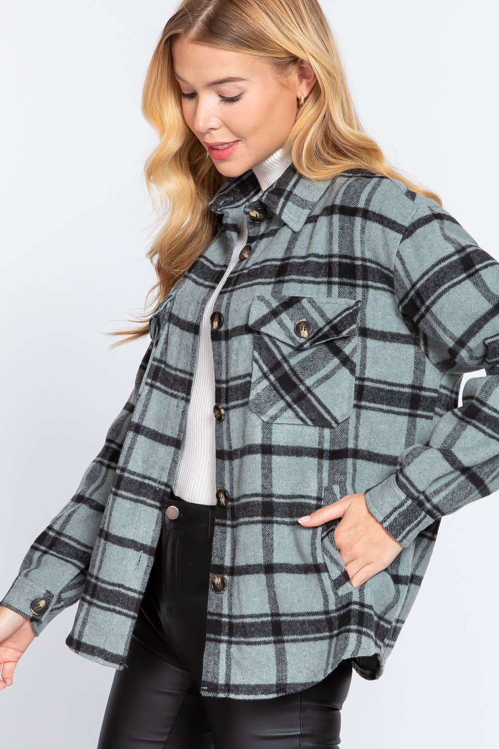 Teal Plaid Button Down Shacket