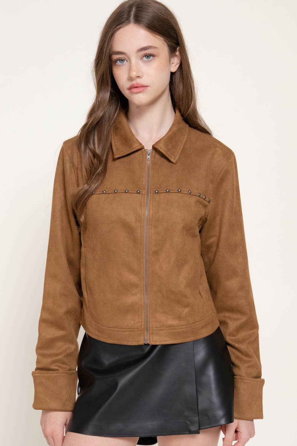 Long Sleeve Faux Suede Jacket with Stud Detail