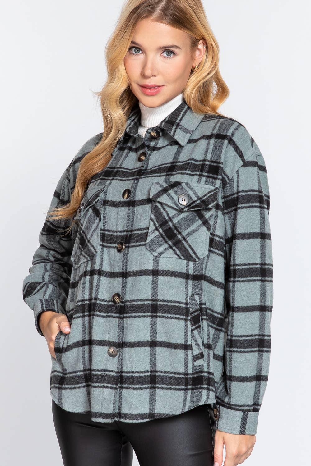 Teal Plaid Button Down Shacket