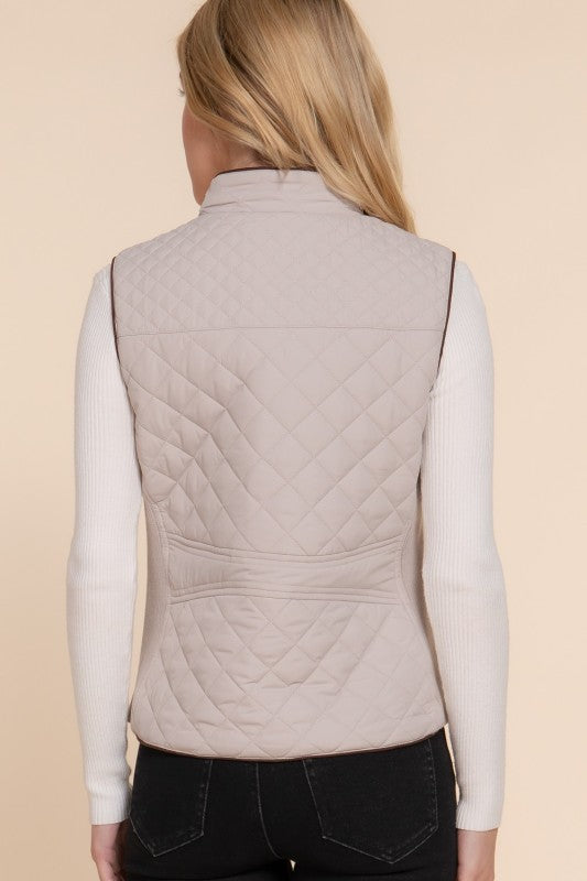 Suede Piping Quilted Padding Vest--Pale Taupe