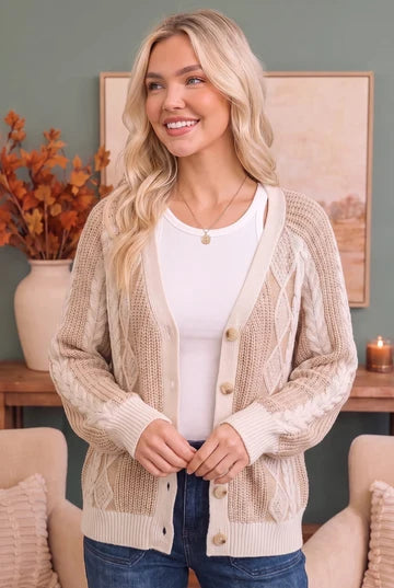 Taupe Two Tone Cable Knit Cardigan