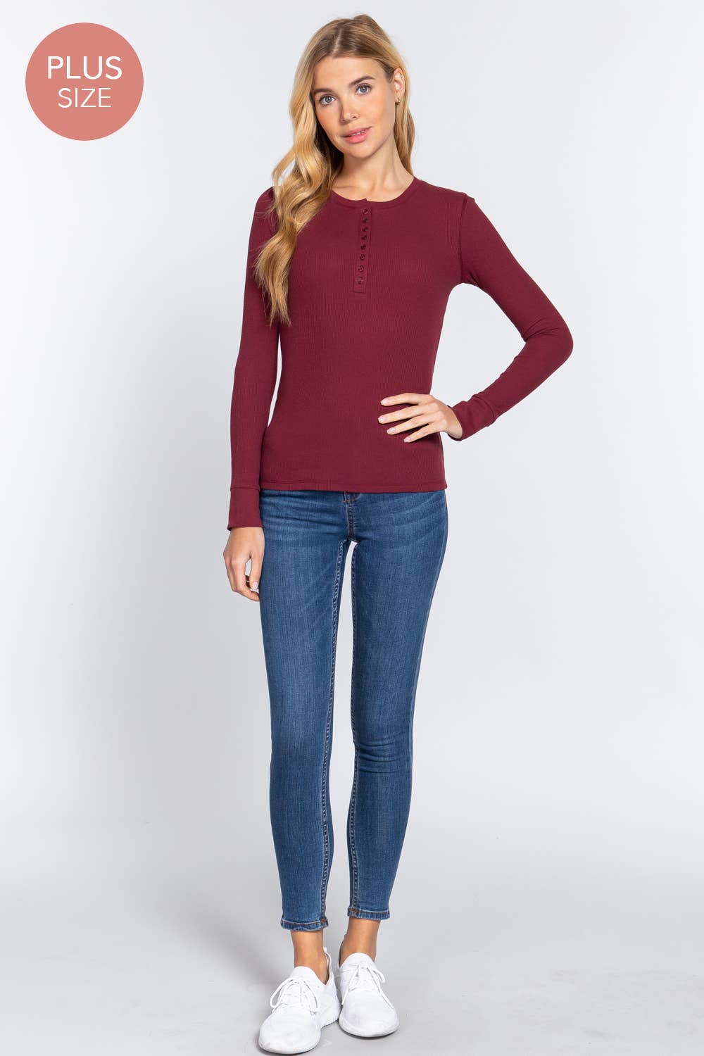 [PLUS SIZE] Long Sleeve Henley Thermal Knit Top