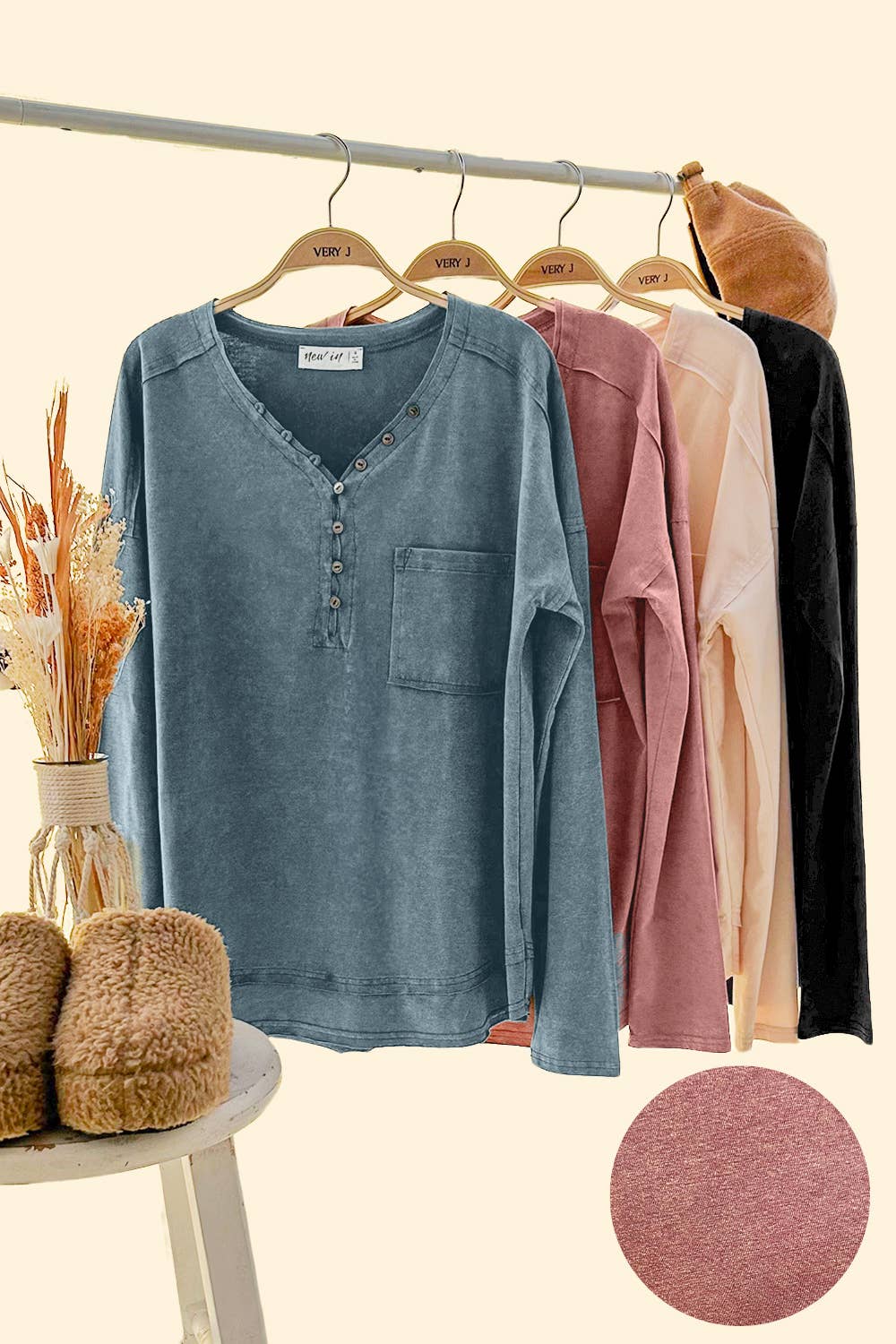 Mineral Washed Cotton Comfy Knit Top, Mauve