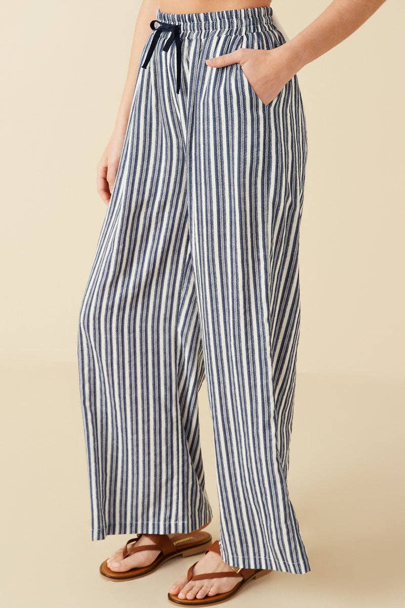 Navy Textured Stripe Drawstring Wide Leg Pants