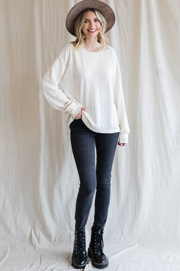 Cream Casual Drop Shoulder Cable Knit Top