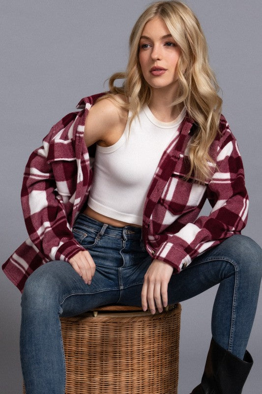Checkered Fleece Shacket--Burgundy