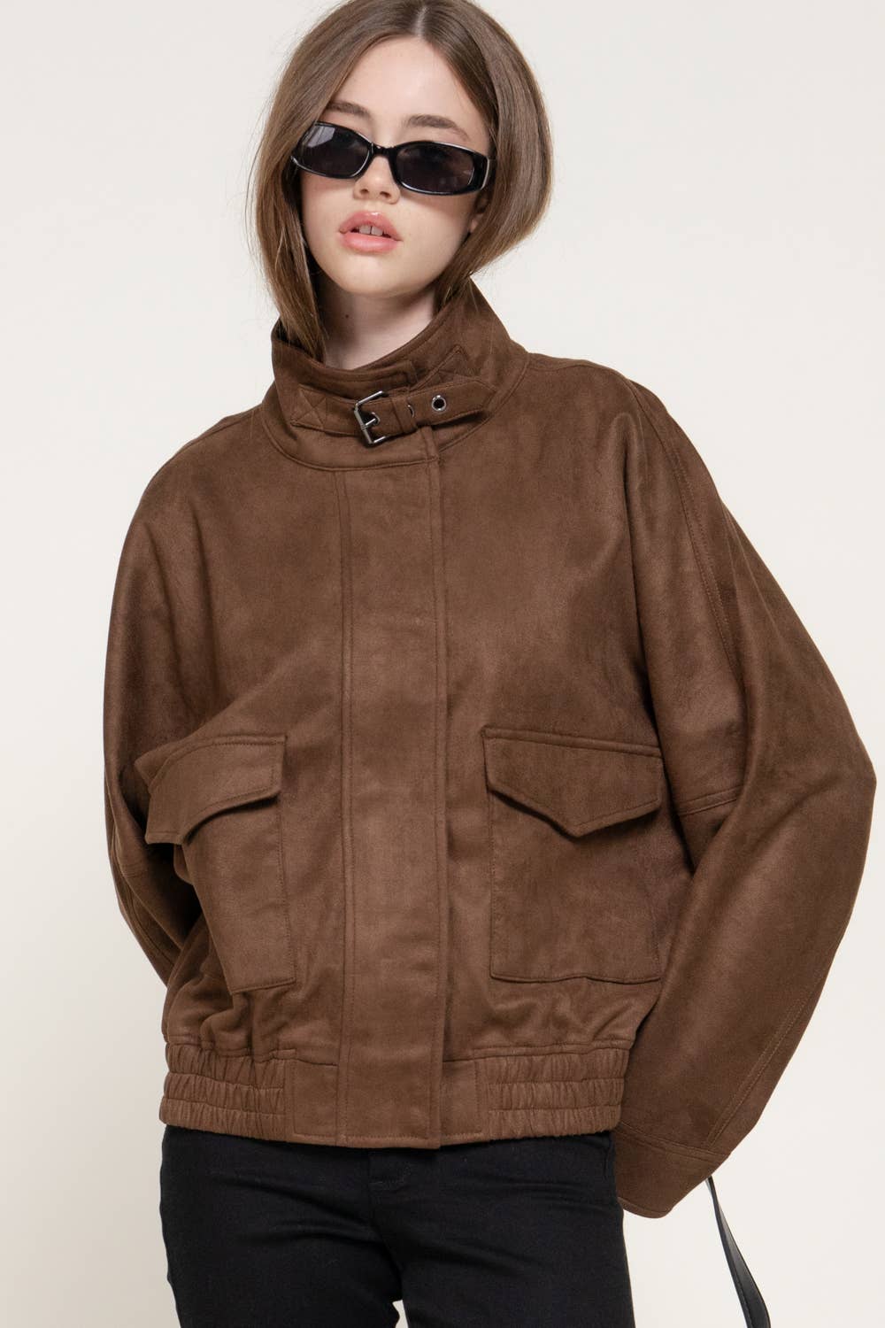 High Neck with Tab Front Patch Pocket Faux Suede Jacket