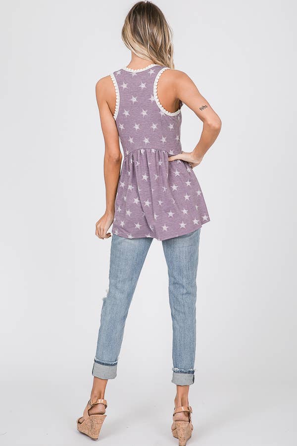 Star Print Lace Trim Babydoll Tank