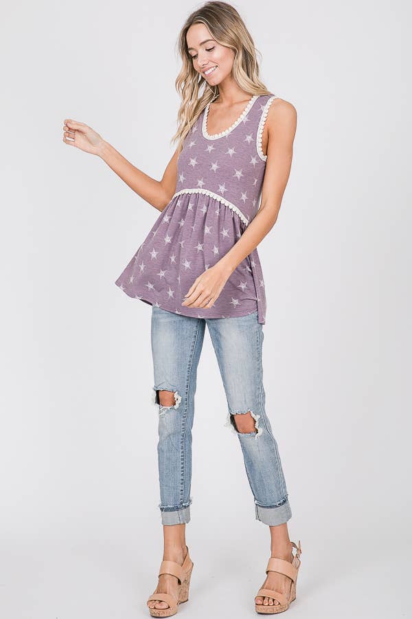 Star Print Lace Trim Babydoll Tank
