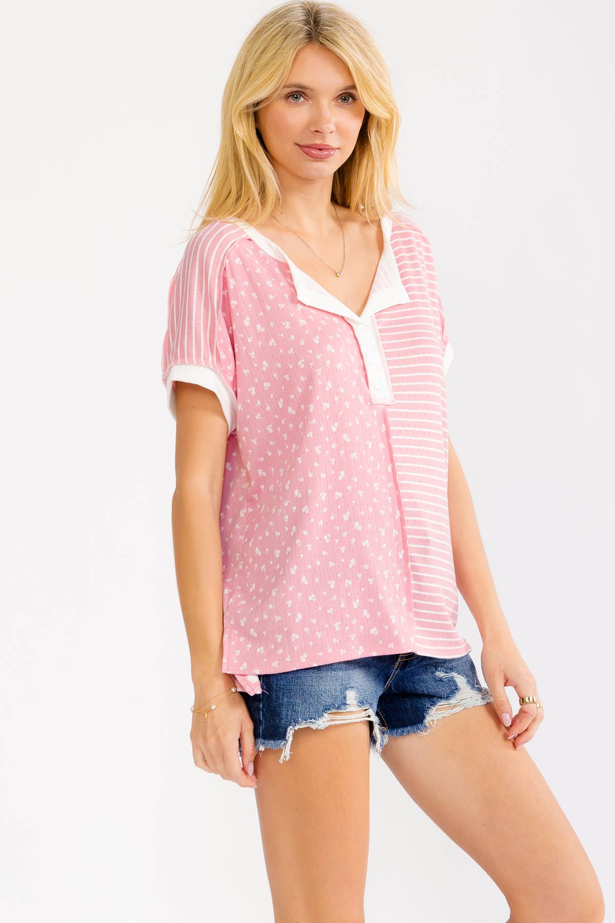 Plus Floral Mixed Print Henley Top