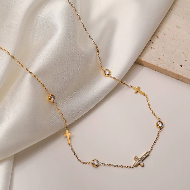 Rhinestone Cross and Circular Charm Station Necklace