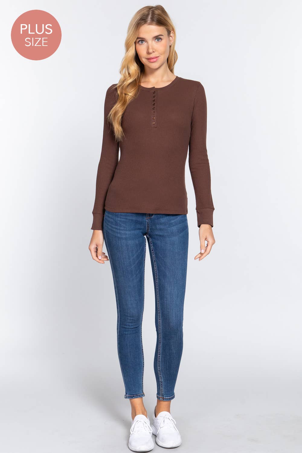 [PLUS SIZE] Long Sleeve Henley Thermal Knit Top