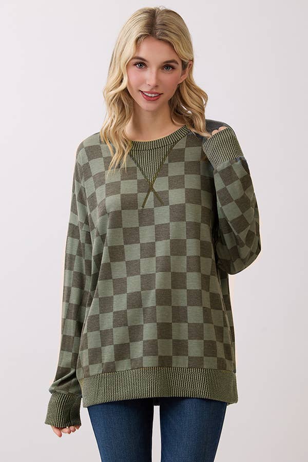 Olive Checkered Print Pullover Top