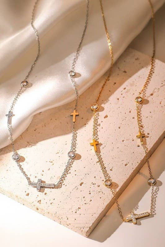 Rhinestone Cross and Circular Charm Station Necklace