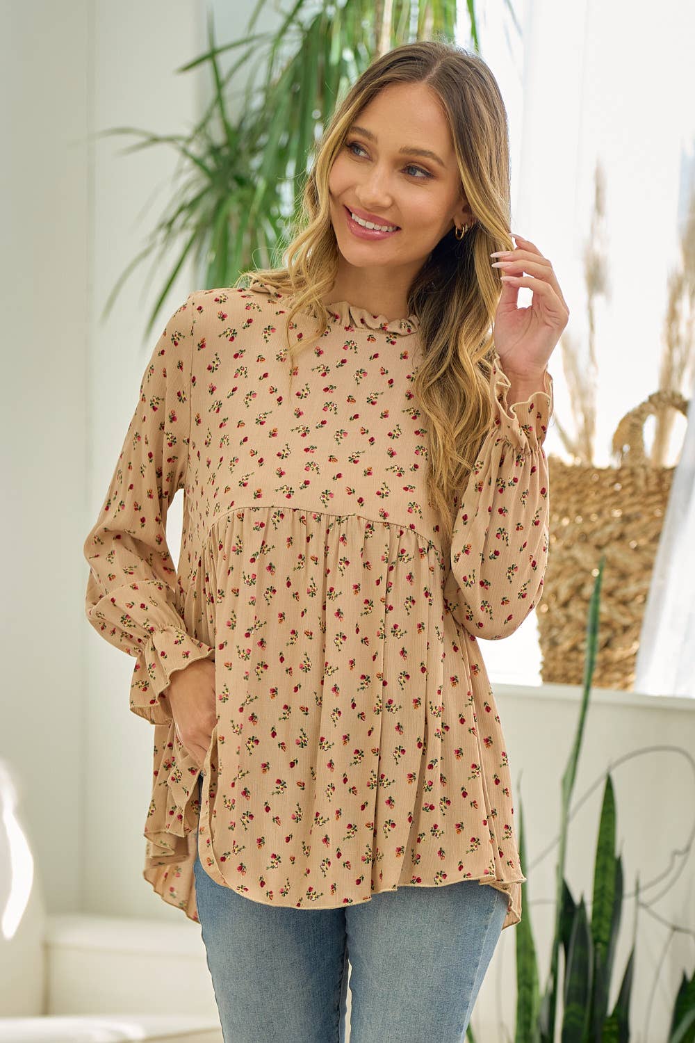 Rust Floral Mock Neck Blouse