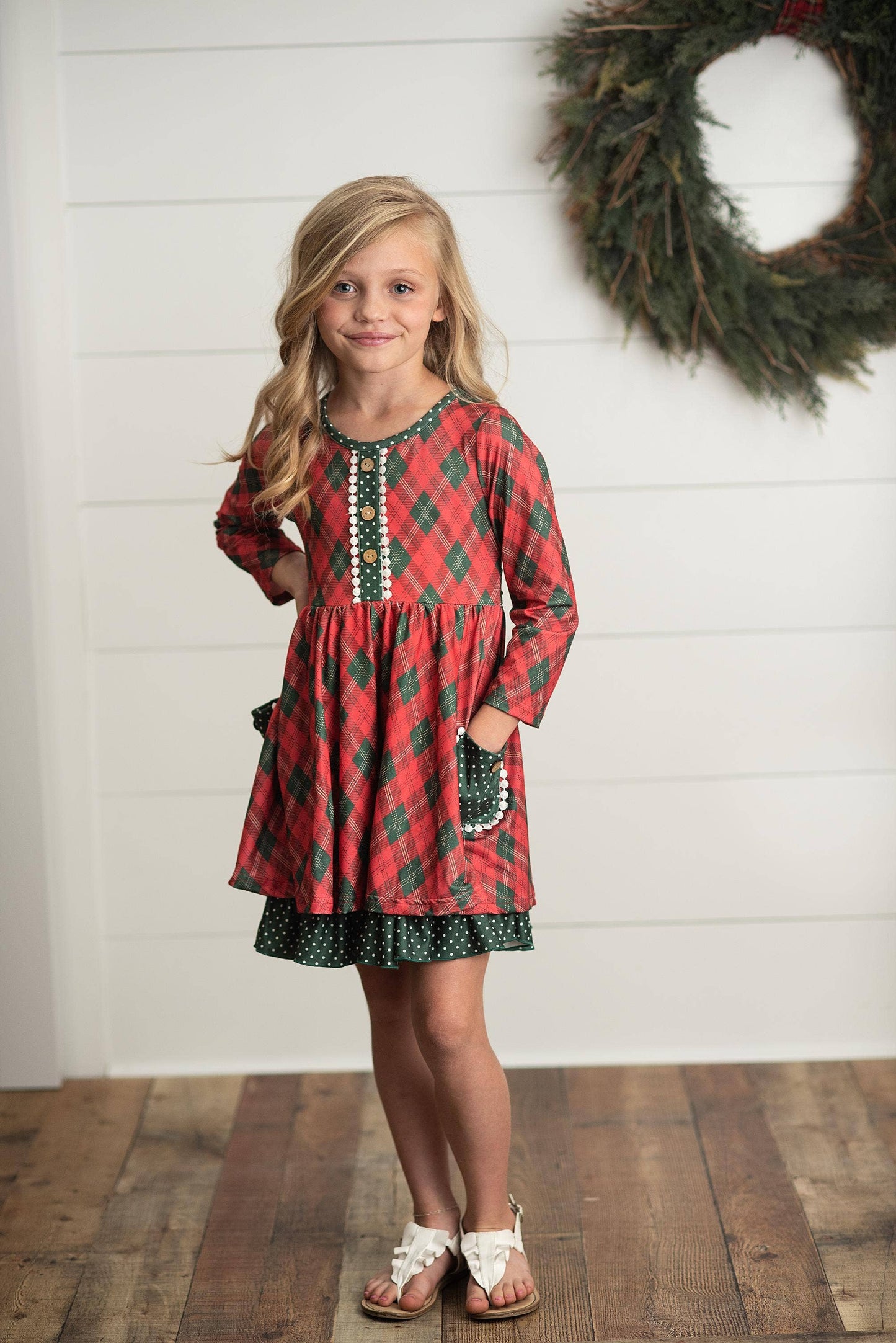 Kids Red Green Plaid Ruffle Button Holiday Christmas Dress